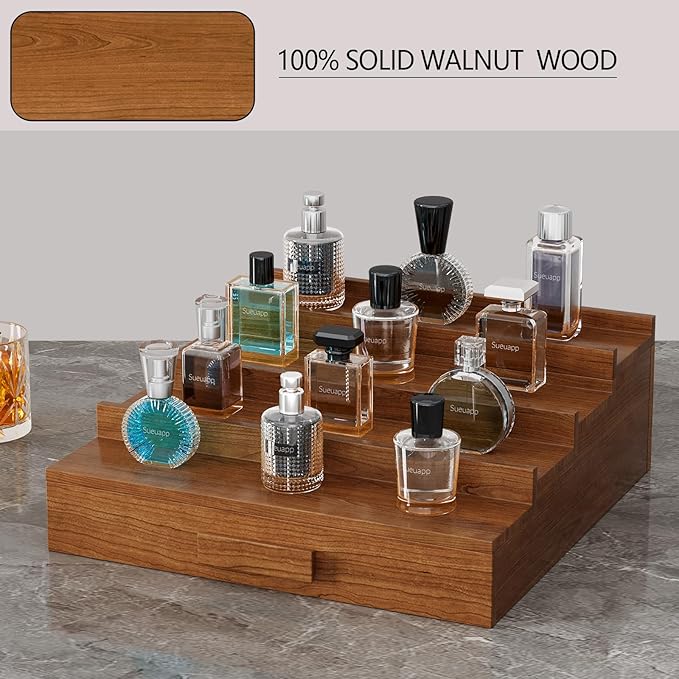 Cologne Organizer for Men,4 Tier Walnut Wood Cologne Stand,Cologne Shelf Display Holder with Hidden Storage and Drawer,Perfume Stand Organizer Great Gifts for Men