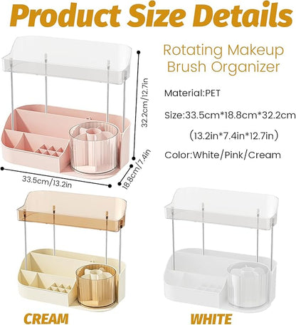 DASITON Large Capacity Makeup Organizer with 360° Rotating Makeup Brush Holder, Perfume and Skincare Storage Organizers for Vanity Bathroom Countertop, Cosmetic Display Case (Pink, 2 Tier)