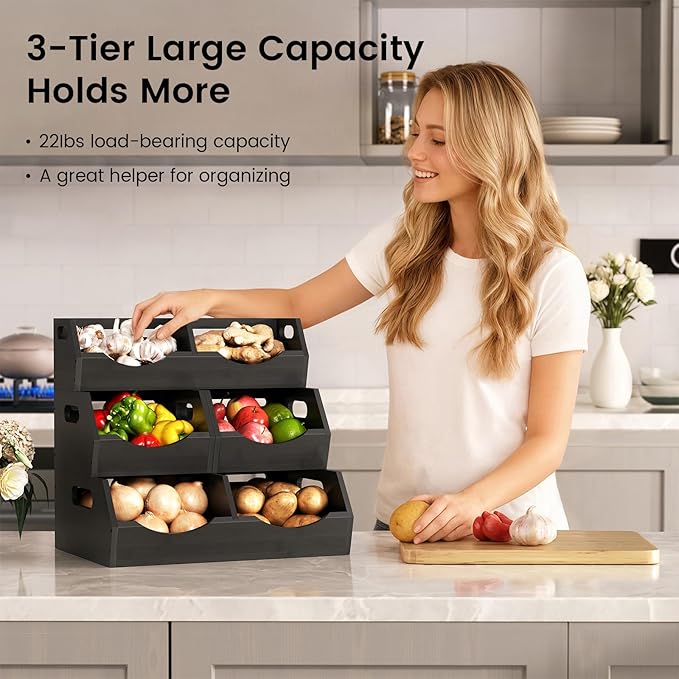 Potato Storage Bins Onion, 3 Tier Bamboo Pantry Storage Bin Stackable Ventilated Organizer for Kitchen, Pantry, Countertop, Bathroom, Black
