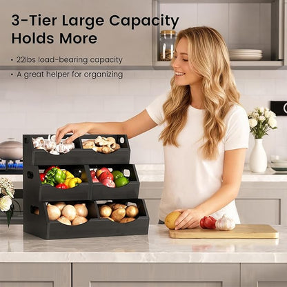 Potato Storage Bins Onion, 3 Tier Bamboo Pantry Storage Bin Stackable Ventilated Organizer for Kitchen, Pantry, Countertop, Bathroom, Black