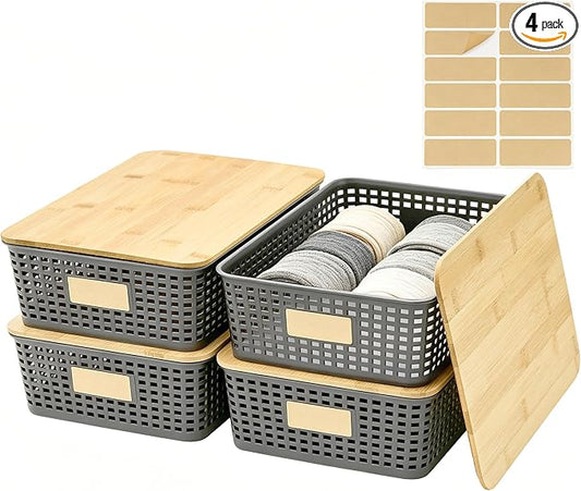 Bagnizer 4 Pack Plastic Storage Bins with Bamboo Lids, 6.2qt Stackable Storage Organizer Box with Lable for Pantry Shelves Drawers Desktop Office, 12"L x 8.3"W x 3.5"H, Gray