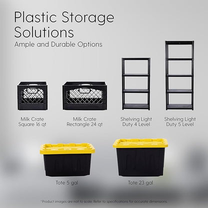 Rectangular Plastic Milk Crate Storage Tote with Handles, 24-Quart Stackable Organizer for Garage, Home, and Office, Made in the USA, 19" x 13" x 11" (3-Pack) - Black