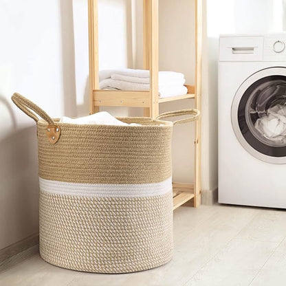 CHICVITA Extra Large Woven Storage Basket with Handles – Laundry Basket Toy Towels Jute Blanket Basket Home Decor Gift, 16" x 16", White