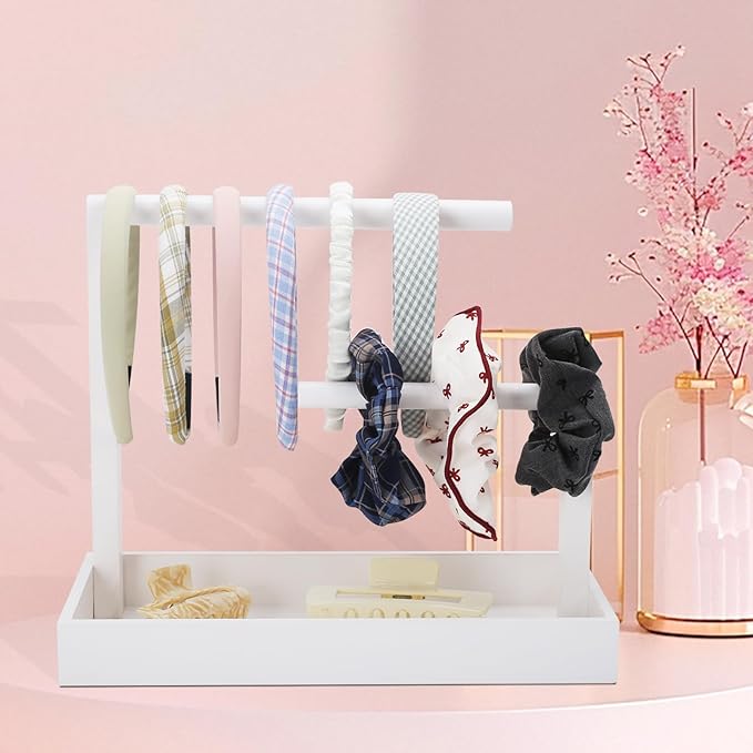 Headband Organizer Headband Holder for Girls Hair Tie Holder Stylish Vanity Organizer with Rustic Natural Wood Design for Bathroom & Dressing Tablespace-Saving Hair Accessory Storage