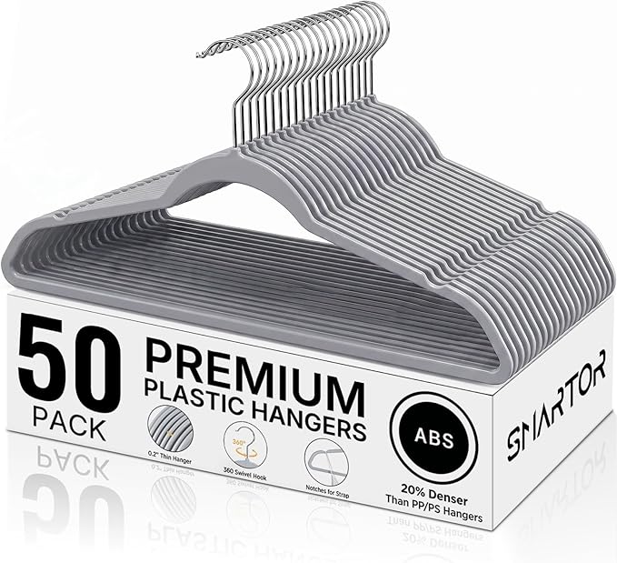 SMARTOR Plastic Hangers 50 Pack, Thin Hangers with 360° Swivel Hook, Non-Velvet Hanger Heavy Duty Clothes Holders for Closet - Durable Adult Hanger, Space Saving Hangars - Gray