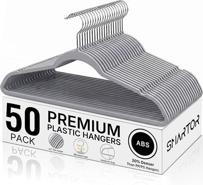 SMARTOR Plastic Hangers 50 Pack, Thin Hangers with 360° Swivel Hook, Non-Velvet Hanger Heavy Duty Clothes Holders for Closet - Durable Adult Hanger, Space Saving Hangars - Gray