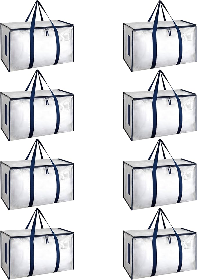 HealSmart 8 Pack Large Moving Bags with Zippers & Handles, Moving Supplies with lids, Heavy Duty Totes for Space Saving, Fold Flat, Moving and Storing, Clear