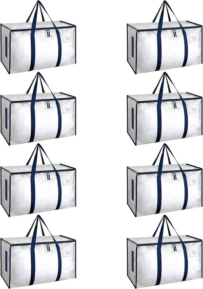 HealSmart 8 Pack Large Moving Bags with Zippers & Handles, Moving Supplies with lids, Heavy Duty Totes for Space Saving, Fold Flat, Moving and Storing, Clear