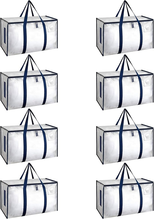 HealSmart 8 Pack Large Moving Bags with Zippers & Handles, Moving Supplies with lids, Heavy Duty Totes for Space Saving, Fold Flat, Moving and Storing, Clear