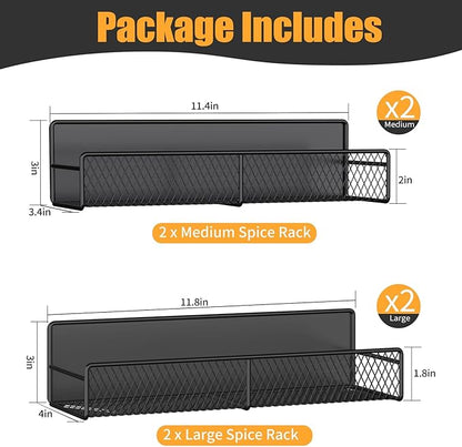 DTUQYX Magnetic Spice Rack for Refrigerator, 4 Pack 100% Metal Strong Magnet Fridge Shelves, Space Saving Spice Organizer, No Drilling Moveable Home Kitchen Laundry Room Storage Organization, Black