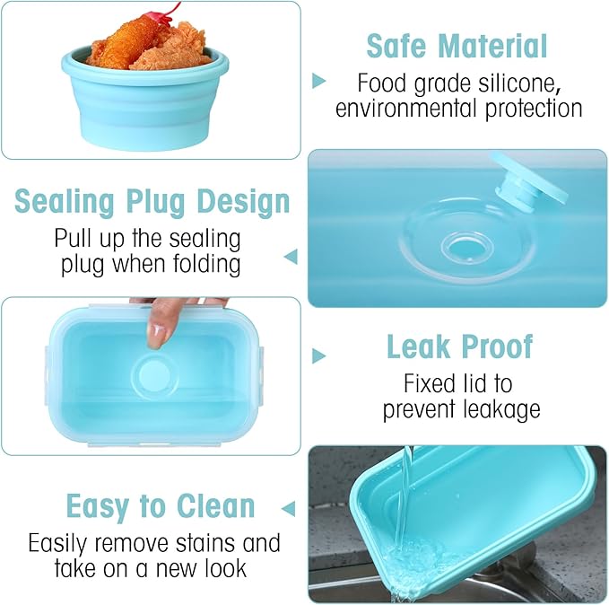 Yaomiao 16 Pack Collapsible Food Storage Containers with Lid Foldable 8 Pcs Rectangle Storage Bowl and 8 Pcs Round Silicone Food Bow for Lunch Camping Rv Accessories Microwave Freezer(Blue)