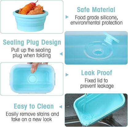 Yaomiao 16 Pack Collapsible Food Storage Containers with Lid Foldable 8 Pcs Rectangle Storage Bowl and 8 Pcs Round Silicone Food Bow for Lunch Camping Rv Accessories Microwave Freezer(Blue)