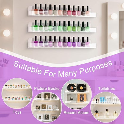 12 Pack Wall Mounted Acrylic Nail Polish Organizer Rack 15 Inch Clear Nail Polish Shelf with Removable Ends Multi-Purpose Shelf for Essential Oils Cosmetics Storage Display