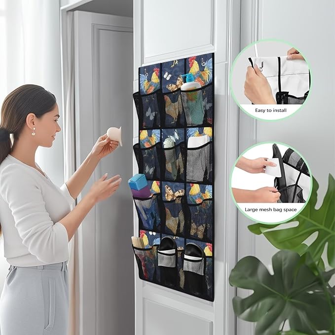 Over The Door Shoe Organizer, 12 Large Clear Mesh Pockets, Space Saving Hanging Storage Holder, Hangs On Closets for Shoes, Accessories,Roosters