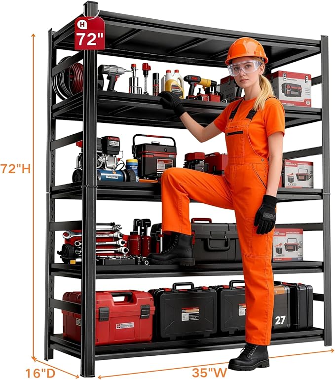 72H Garage Shelving,3300LBS Heavy Duty Garage Shelving,36W Industrial Shelving,Adjustable Storage Shelf Unit with Double Layer Posts for Garage,Warehouse,Basement,Commercial,Black 5 Tier