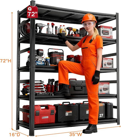 72H Garage Shelving,3300LBS Heavy Duty Garage Shelving,36W Industrial Shelving,Adjustable Storage Shelf Unit with Double Layer Posts for Garage,Warehouse,Basement,Commercial,Black 5 Tier