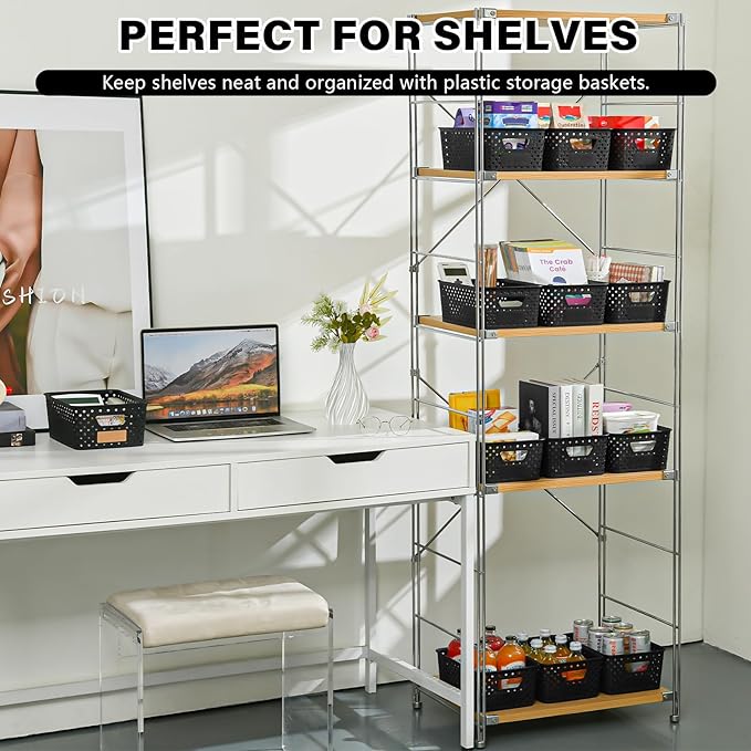 12 Pack Plastic Storage Baskets for Organizing, Storage Baskets for Shelves with Handles, Small Storage Bins with Labels, Organizer Baskets for Cabinet,Closet, Office,Black