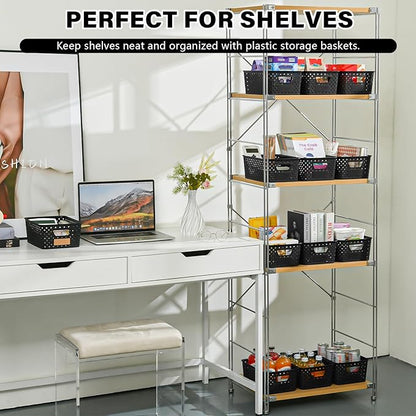 12 Pack Plastic Storage Baskets for Organizing, Storage Baskets for Shelves with Handles, Small Storage Bins with Labels, Organizer Baskets for Cabinet,Closet, Office,Black