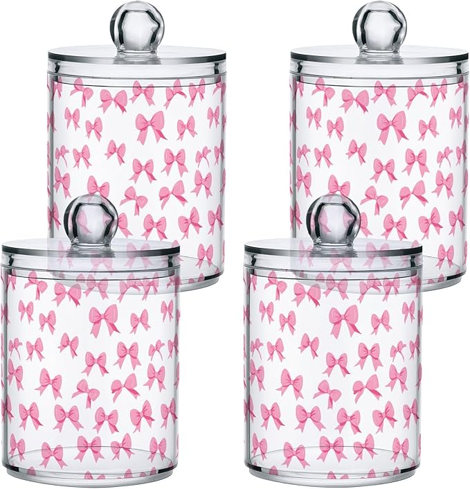 ALAZA 4pcs Cute Bow White Qtip Holder Dispenser 14 oz Bathroom Storage Clear Apothecary Jars Containers Cotton Ball,Cotton Rounds,Floss Picks, Hair Clips, Food