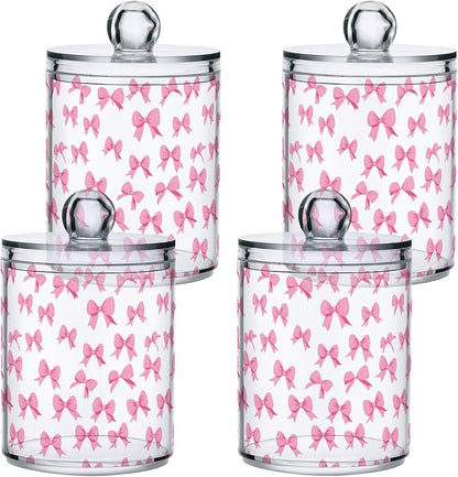 ALAZA 4pcs Cute Bow White Qtip Holder Dispenser 14 oz Bathroom Storage Clear Apothecary Jars Containers Cotton Ball,Cotton Rounds,Floss Picks, Hair Clips, Food