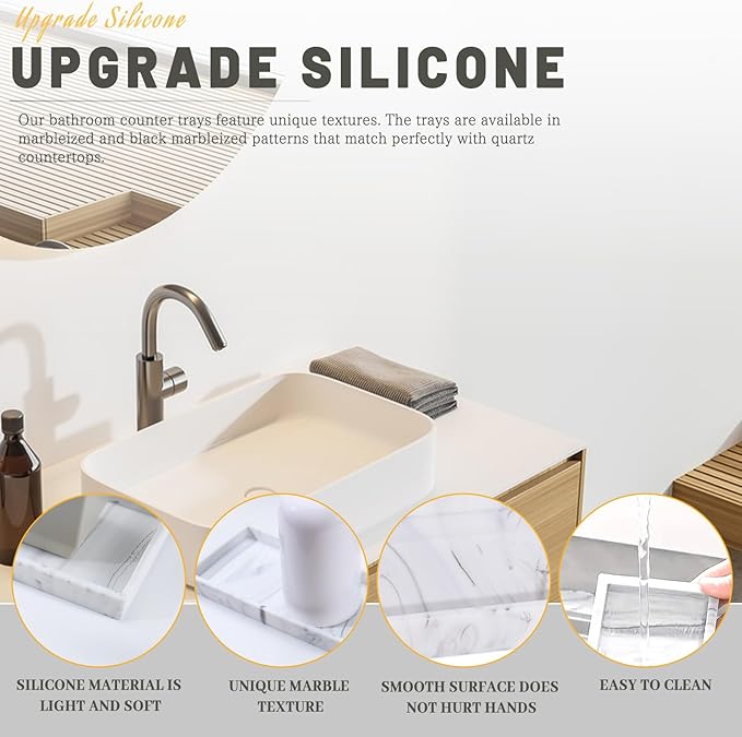 2 Silicone Bathroom Counter Tray, 7.8" x 3.9" & 11.8" x 5" Vanity Tray, Decorative Kitchen Soap Holder Plate Organizer for Makeup Perfume Candle Key Storage Toilet Tank Sink Table Desk (Marble White)