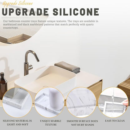 2 Silicone Bathroom Counter Tray, 7.8" x 3.9" & 11.8" x 5" Vanity Tray, Decorative Kitchen Soap Holder Plate Organizer for Makeup Perfume Candle Key Storage Toilet Tank Sink Table Desk (Marble White)