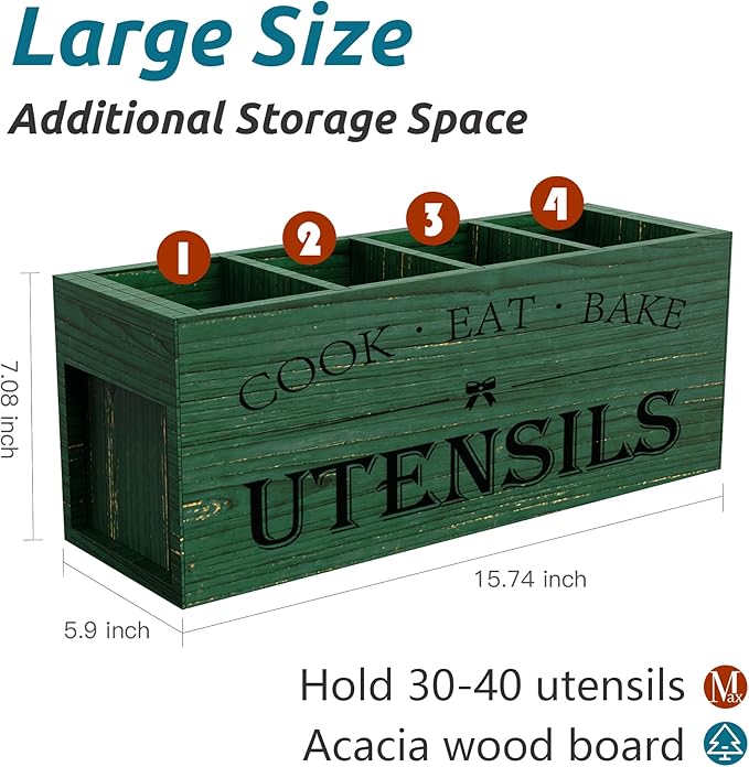 Suli Extra Large Kitchen Utensils Holder with 4 Compartments (Green)