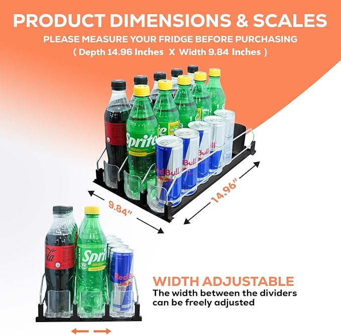 Drink Fridge Organizer, Upgraded Design of Soda Organizer for Refrigerator with Larger Stopper Height. Width Adjustable Automatic Drink Dispenser with Lock Hold 15 Cans (3 Rows, Black)