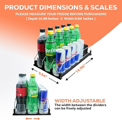 Drink Fridge Organizer, Upgraded Design of Soda Organizer for Refrigerator with Larger Stopper Height. Width Adjustable Automatic Drink Dispenser with Lock Hold 15 Cans (3 Rows, Black)
