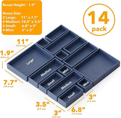 SpaceAid 14-Piece Bamboo Drawer Organizer Storage Boxes Set, Wood Tray Junk Drawer Organizers Multi-Use Divider Bins for Kitchen, Bathroom, Office Desk and Makeup Organization (14 Pack, Navy Blue)