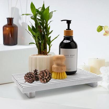 Wood Pedestal Stand for Bathroom Tray Kitchen Counter Decor Bathroom Sink Accessories Decorative Wooden Risers for Kitchen Soap Tray Vanity White Bathroom Counter Decorations Dish Soap Holder