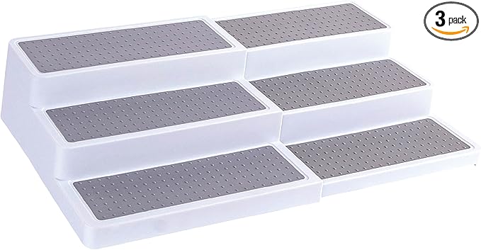 Oizeir 3–Tier Expandable Plastic Spice Rack - Adjustable Length, Stability with Non-Skid Shelf, Three Tiers for Easy Visibility, Organizer for Kitchen Cabinet, Pantry or Countertop, White/Grey
