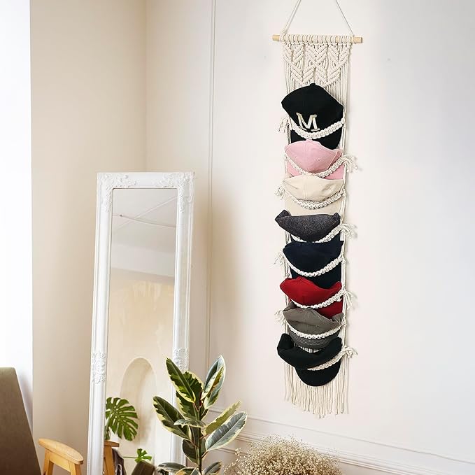 jontell Baseball Cap Storage Over Door-1 Pack-Boho Macrame Cap Holder Wall Hat Organizer for Baseball Cap Holder, Hat Rack for Wall Hanging Hat Holder for Bohemian Bedroom Decor