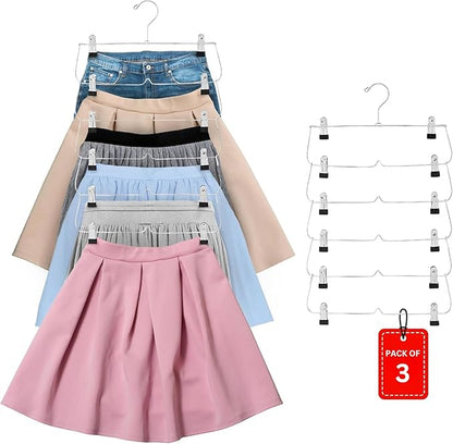 USTECH 6 Tier Skirt Hangers Closet Space Saver with Clips for Pants, Shorts, Skirts, Leggings - 3 Pack