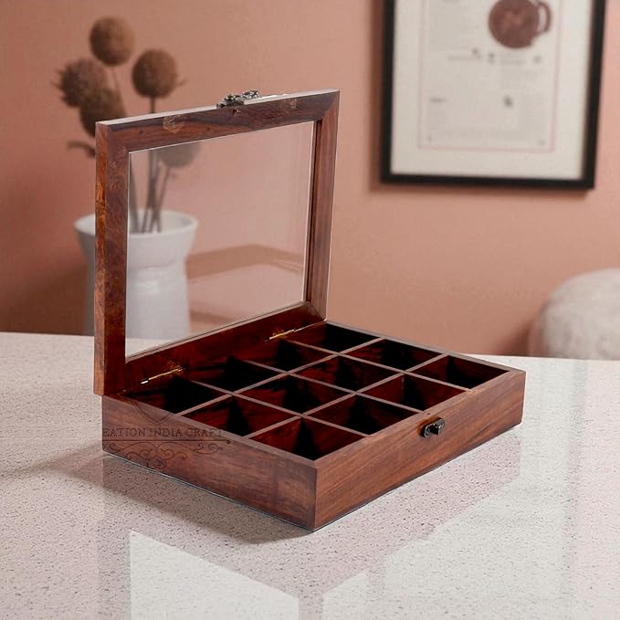 Wooden Spice Box, Masala Container, Condiments Storage Case for Kitchen, Multipurpose Decorative Box - Indian Rosewood Crafted