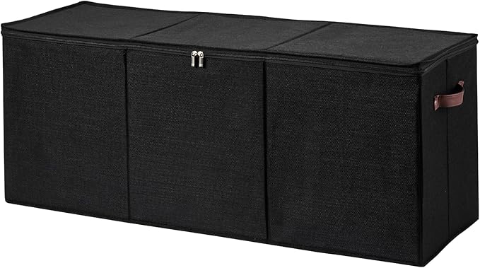 Extra Large Storage Box with Zippered Lid 130L Jumbo Chest Basket Bin Collapsible Lidded Sturdy Organizer with Dividers PU Leather Handles for Clothes Bedding Set Home Closet (Black)