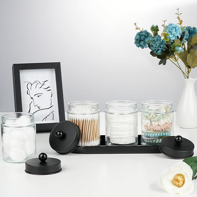 SheeChung 3-Pack Glass Apothecary Jars with Acrylic Vanity Tray - Bathroom Organizer Set for Qtip, Cotton Ball, Floss Picks - Modern Industrial Style Bathroom Accessories Storage Canister (Black)