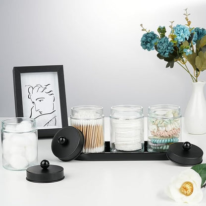SheeChung 3-Pack Glass Apothecary Jars with Acrylic Vanity Tray - Bathroom Organizer Set for Qtip, Cotton Ball, Floss Picks - Modern Industrial Style Bathroom Accessories Storage Canister (Black)