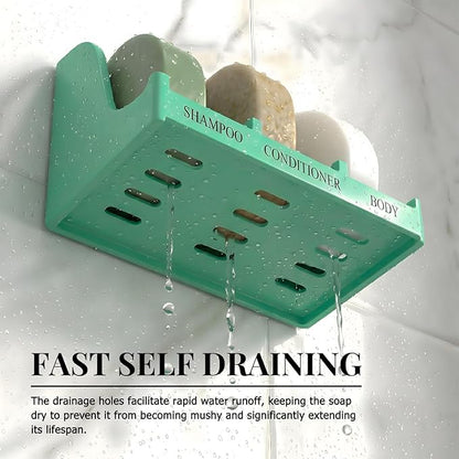 Soap Holder for Shower Wall, 3-Compartment Soap Dish for Shampoo, Conditioner and Body Soap, Fast Draining & Rust-Proof & Heavy Duty, Ultra-Strong Self Adhesive & Freestanding (Mint Green, Label)