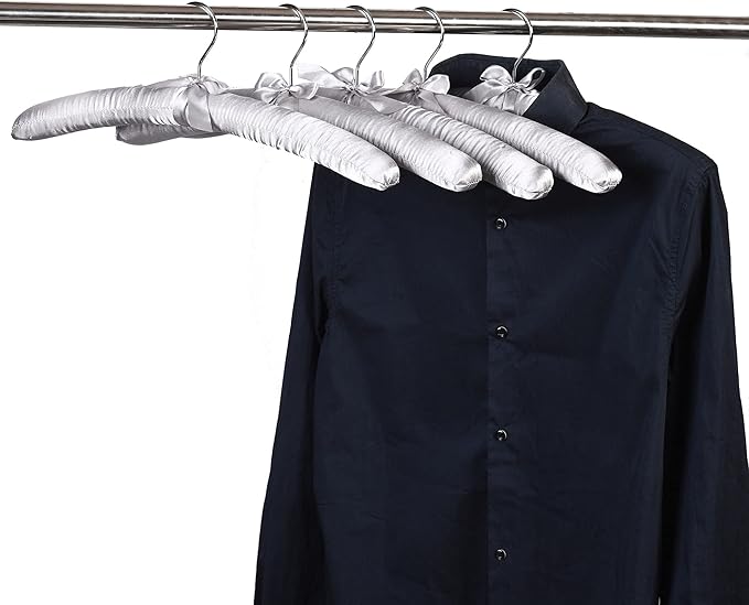 Grey Satin Padded Sweater Hangers 10 Pack, Blouse Hanger with Thick & Soft Foam for Bridal Wedding Dress Lingerie, Smooth Silk Covered Shirt Hanger Without Shoulder Bump