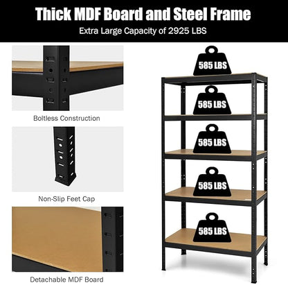 Tangkula 72" Storage Shelves, Heavy Duty Steel Frame 5-Tier Garage Shelf, Metal Multi-Use Storage Shelving Unit for Home/Office/Dormitory/Garage (2, Black)