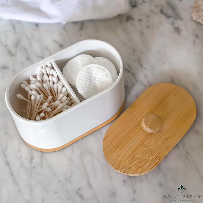 DAILY RITMO® Large White Cotton Swab & Ball Holder Dispenser | Two Sided Dual Compartment Container with Air Tight Seal Bamboo Lid |Decorative Facial Sponge Gauze Floss Rounds Canister