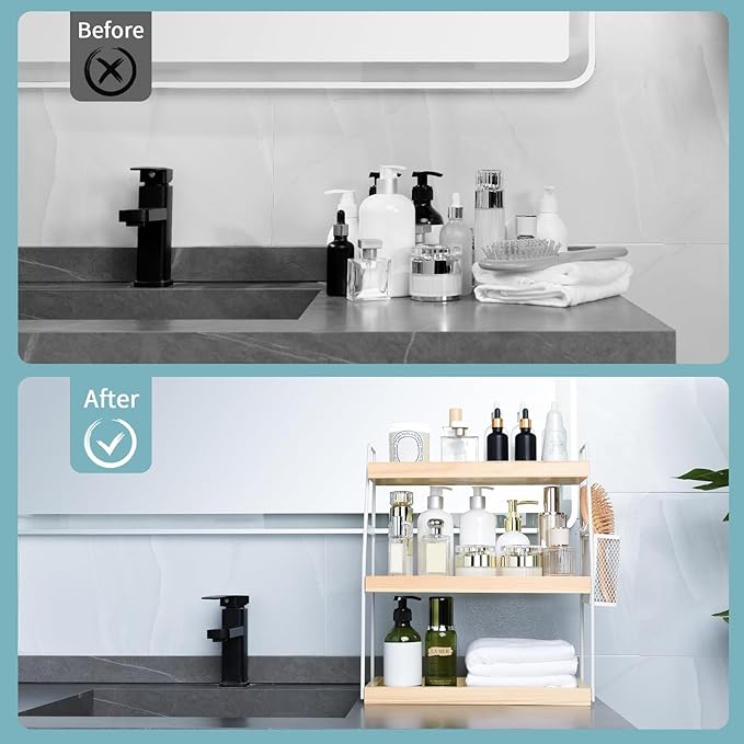 Uneviesyka Bathroom Counter Organizer, 3-Tier Standing Storage Shelf with Basket, Wood Tray for Skincare Vanity Organizer(White)