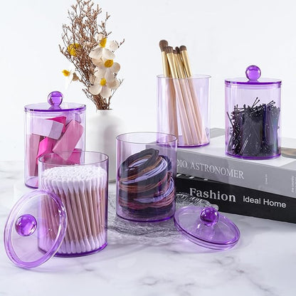 XIPENGKEJI 4 Pack Qtip Holder,Canister Apothecary Jar Set, Bathroom Jars with Lids Set for Cotton Swabs, Balls, Pads, Floss Picks,10oz-12oz Plastic Canisters Restroom Bedroom Vanity Organizer(Purple)