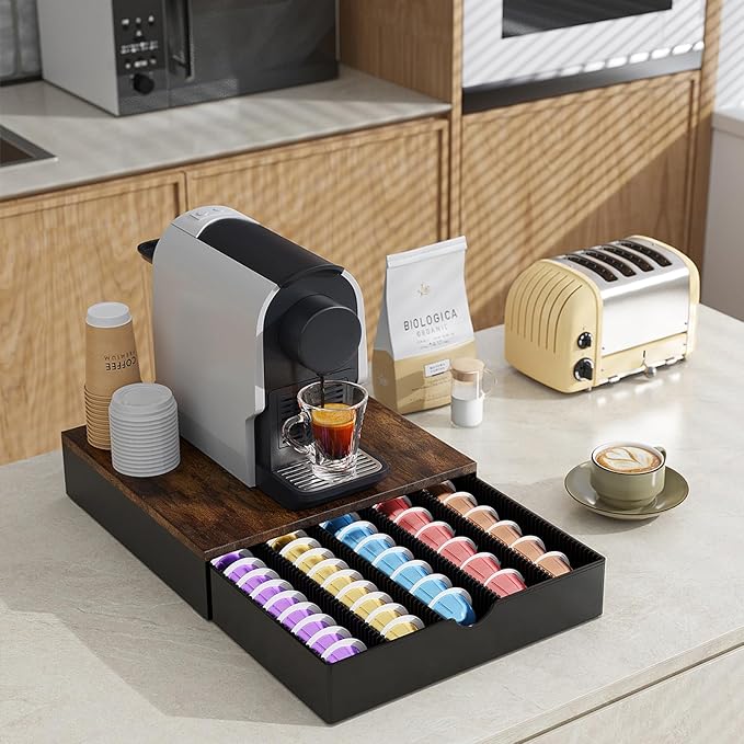 Coffee Pods Drawer Organizer Compatible with Nespresso Vertuo Pods Holds Up to 60 Small or 40 Large (Brown)