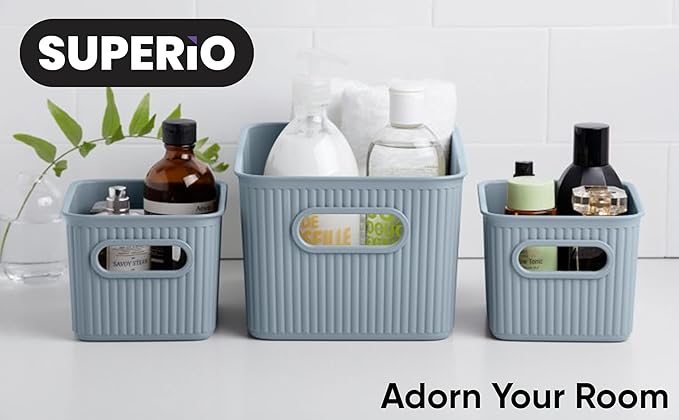 Decorative Plastic Basket Lidded Home Storage Bins Organizer Baskets, Medium Blue (1 Pack - 5 Liter) Stackable Container Box, for Organizing Closet Storage Bins for Shelves - Ribbed Collection