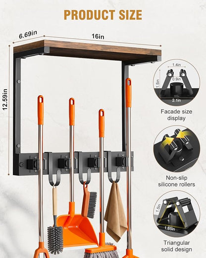Supforce Broom Holder Wall Mount with Top Wooden Shelf, Heavy Duty Metal Cleaning Supplies Broom Hanger with 4 Slots & 3 Hooks for Laundry Garage Tool Storage Kitchen (Small)