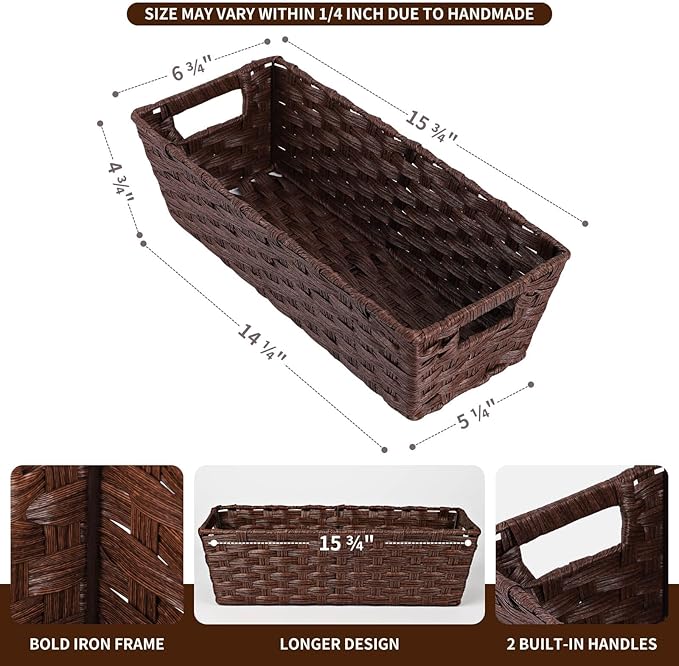 Onlytak Plastic Wicker Storage Baskets - Toilet Tank & Bathroom Baskets, Woven for Organizing, Brown, 15¾" x 6¾" x 4¾", 2-Pack