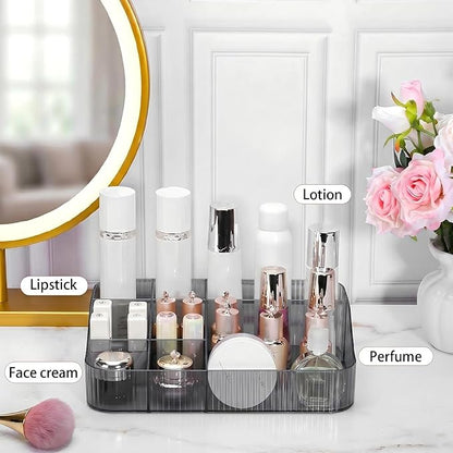 DASITON Large Capacity Makeup Brush Holder, 7 Slot Makeup Brush Cup, Vintage Striped Make Up Brush Holder, Makeup Tray Organizer for Vanity Decor, Bathroom Countertops, Desk Storage Container (Grey)