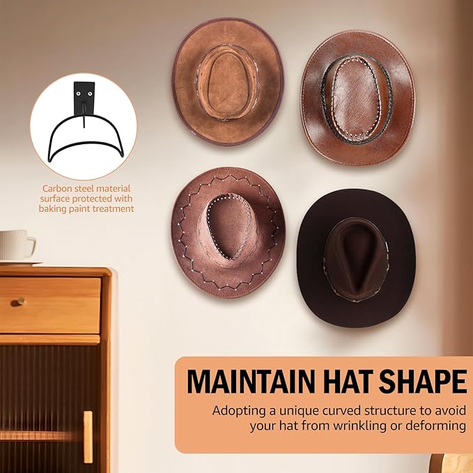 Cowboy Hat Holder 6 Pack, Metal Cowboy Hat Hanger Organizer, Black Cowboy Hat Rack for Wall Mount (Black 6 Pack)